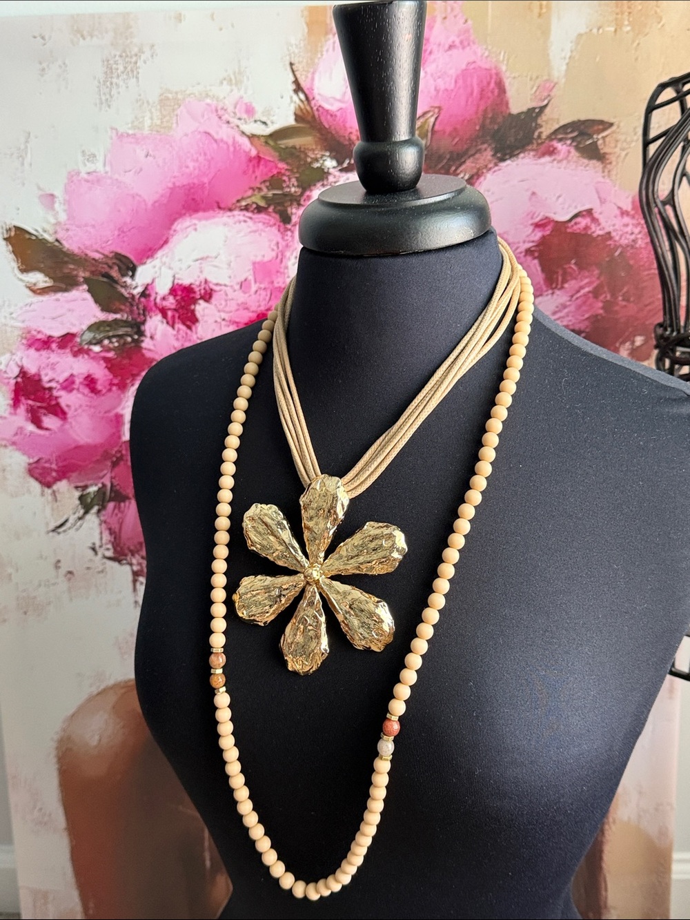 Gold Flower Pendant Necklace with Beige Beaded Strand Set